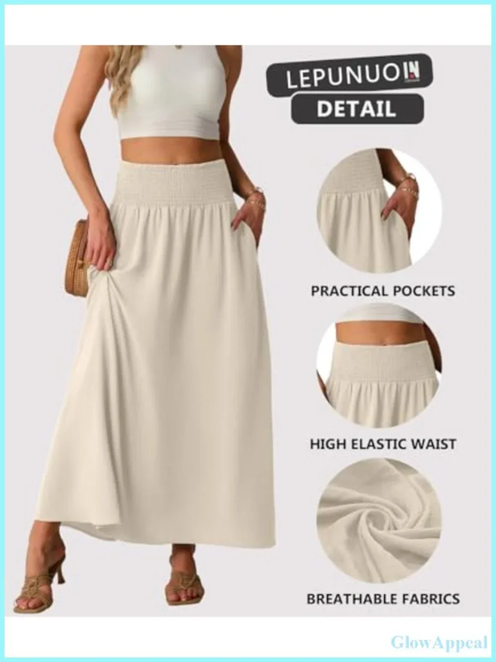 Women's Maxi Skirt High Waisted Smocked Elastic Boho Swing Pleated Long Skirt